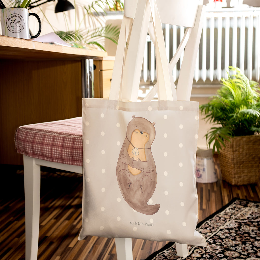 Einkaufstasche Otter mit Muschelmedaillon Tragetasche, Tasche, Beutel, Stofftasche, Baumwolltasche, Umhängetasche, Shopper, Otter, Fischotter, Seeotter, Otterliebe, grübeln, träumen, Motivation, Tagträumen, Büro