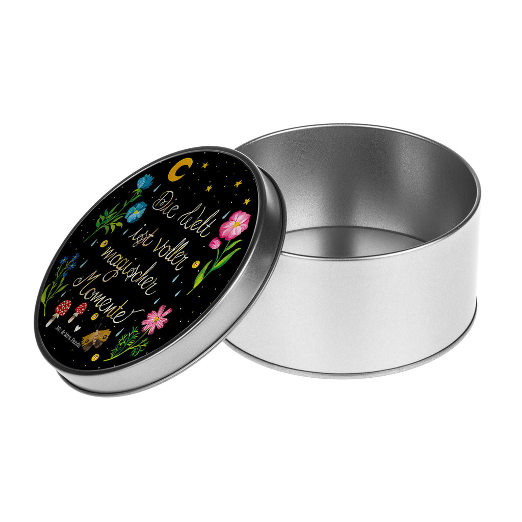 Blechdose rund Magische Welt Metalldose, Keksdose, Dose, Vorratsdose, Geschenkbox, Blumen Deko, Frühlings Deko, Sommer Deko, Dekoration, positive Botschaft, Naturliebhaber, Outdoor, Natur, Abenteuer, Magische Momente, Spruch schön, Spruch positiv, Motivation, schwarz, magisch, Blumen, Nacht, Weisheit