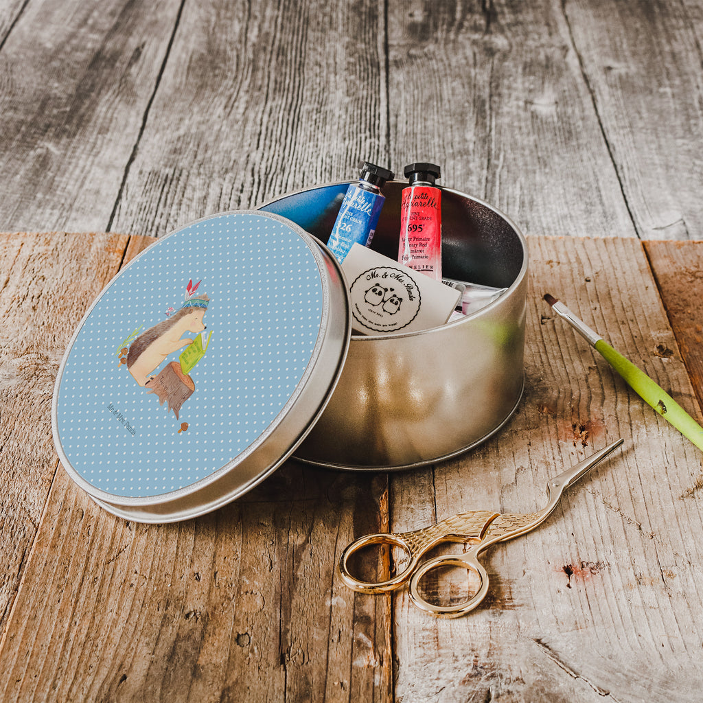 Blechdose rund Igel Indianer Metalldose, Keksdose, Dose, Vorratsdose, Geschenkbox, Waldtiere, Tiere, Igel, Indianer, Abenteuer, Lagerfeuer, Camping