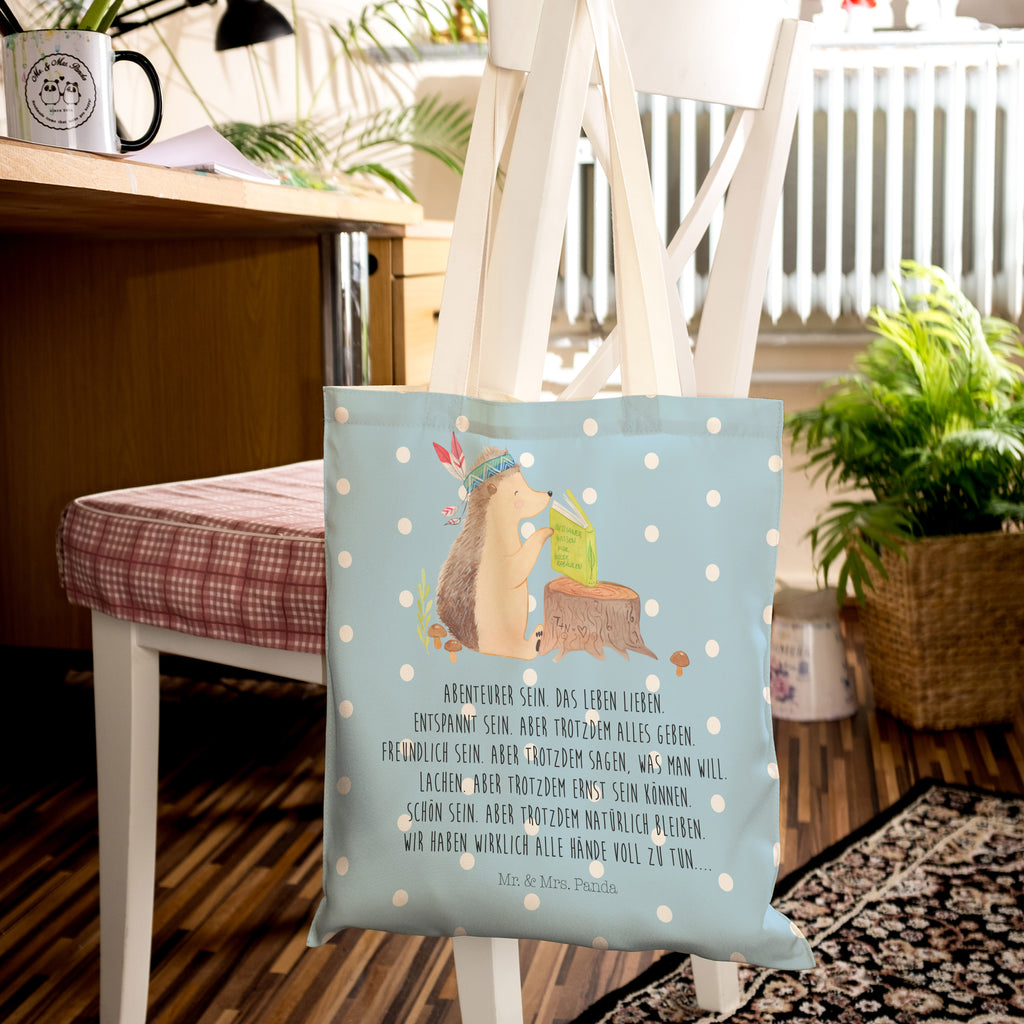 Einkaufstasche Igel Indianer Tragetasche, Tasche, Beutel, Stofftasche, Baumwolltasche, Umhängetasche, Shopper, Waldtiere, Tiere, Igel, Indianer, Abenteuer, Lagerfeuer, Camping