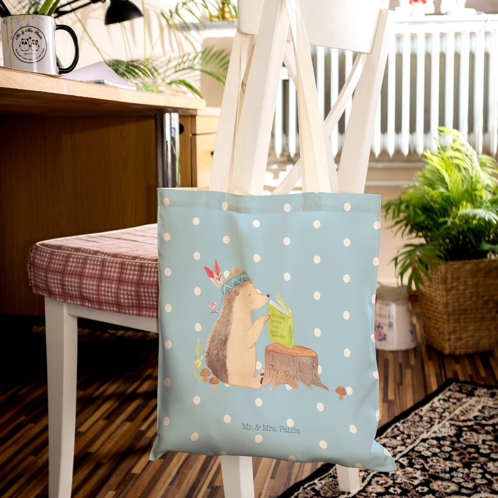 Einkaufstasche Igel Indianer Tragetasche, Tasche, Beutel, Stofftasche, Baumwolltasche, Umhängetasche, Shopper, Waldtiere, Tiere, Igel, Indianer, Abenteuer, Lagerfeuer, Camping