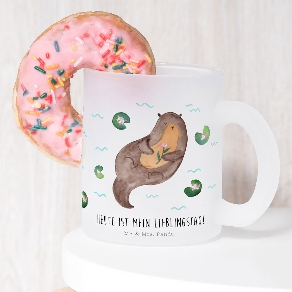 Teetasse Otter mit Seerose Teetasse, Teeglas, Teebecher, Tasse mit Henkel, Tasse, Glas Teetasse, Teetasse aus Glas, Otter, Fischotter, Seeotter, Otter Seeotter See Otter