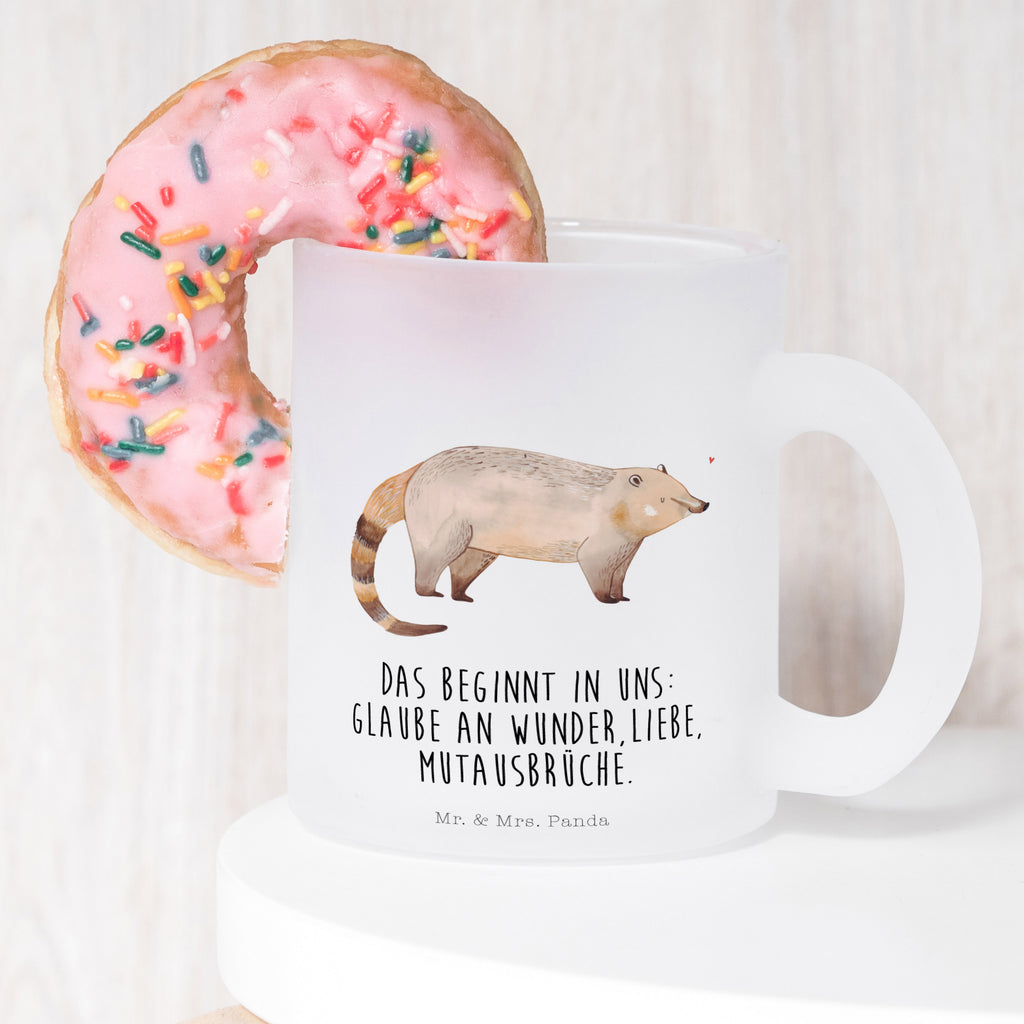 Teetasse Nasenbaer Teetasse, Teeglas, Teebecher, Tasse mit Henkel, Tasse, Glas Teetasse, Teetasse aus Glas, Tiermotive, Gute Laune, lustige Sprüche, Tiere, Nasenbär, Nasenbären, Rüsselbär, Bär
