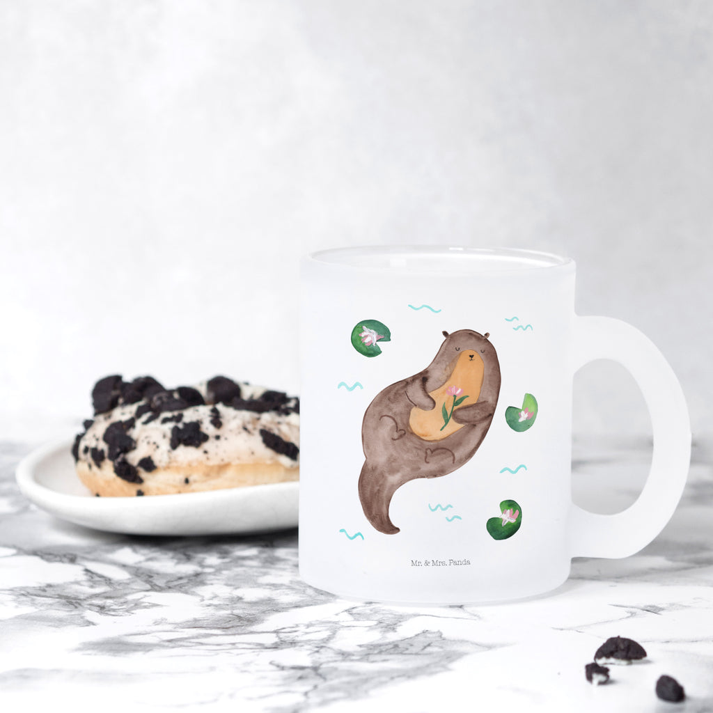 Teetasse Otter mit Seerose Teetasse, Teeglas, Teebecher, Tasse mit Henkel, Tasse, Glas Teetasse, Teetasse aus Glas, Otter, Fischotter, Seeotter, Otter Seeotter See Otter