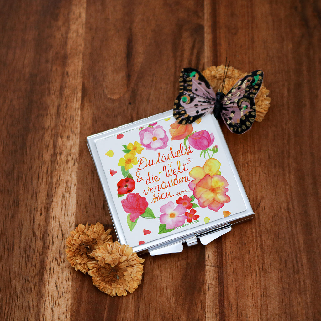 Handtaschenspiegel quadratisch Du Lächelst Spiegel, Handtasche, Quadrat, silber, schminken, Schminkspiegel, Blumen Deko, Frühlings Deko, Sommer Deko, Dekoration, positive Botschaft, Naturliebhaber, Outdoor, Natur, Abenteuer, Lächele, Welt verändert sich, Zitat Buddha, Lachen Spruch, glücklich sein, Zitat schön, Geschenk Freundin, Spruch positiv