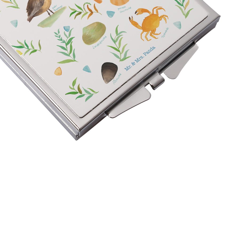 Handtaschenspiegel quadratisch Wattenmeer Spiegel, Handtasche, Quadrat, silber, schminken, Schminkspiegel, Blumen Deko, Frühlings Deko, Sommer Deko, Dekoration, positive Botschaft, Naturliebhaber, Outdoor, Natur, Abenteuer, Wattenmeer, Vögel, Meer, See, Nordsee, Ostsee, Muschel, Natur Motiv, Watt, Deko Badezimmer, Ebbe, Flut, Geschenk Maritim