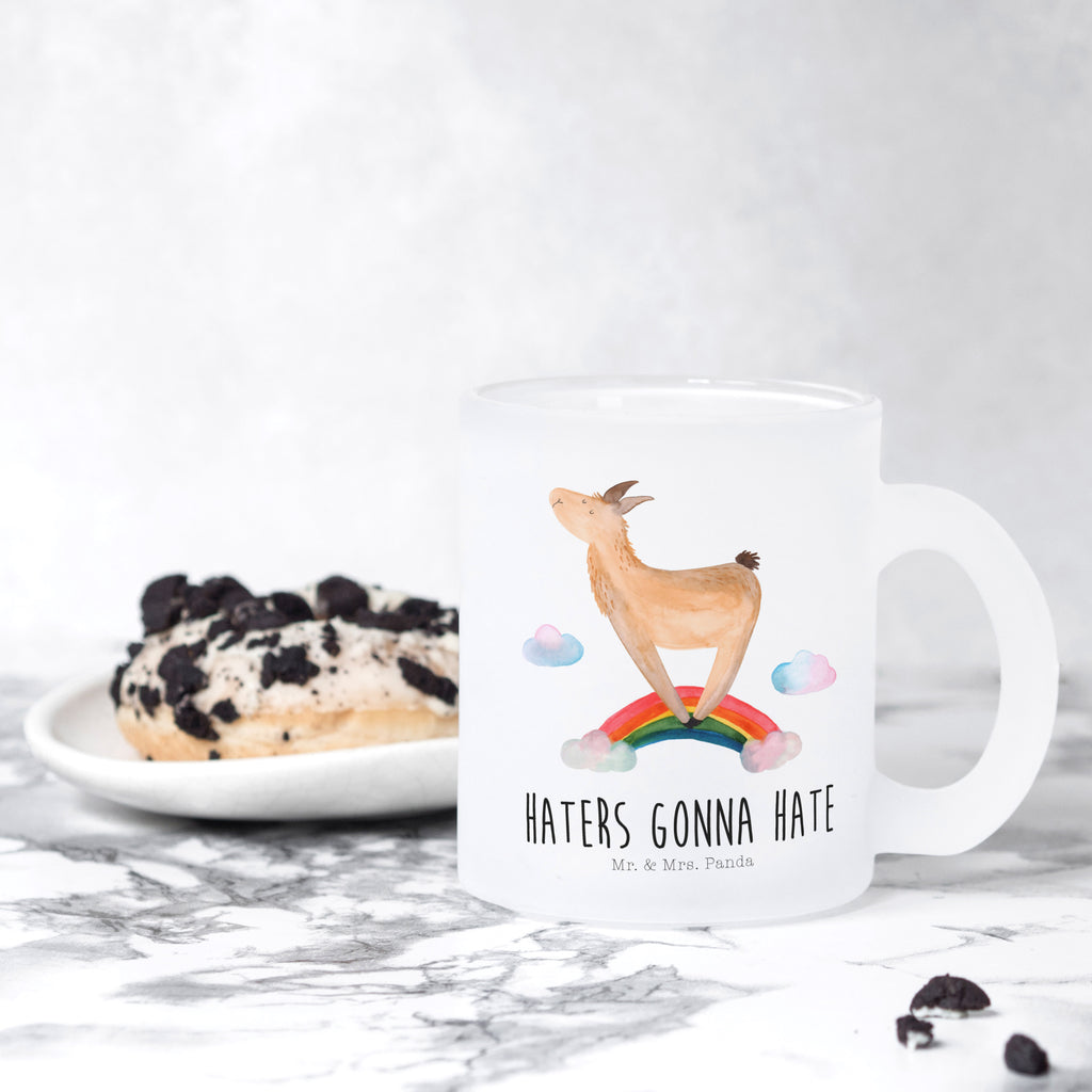 Teetasse Lama Regenbogen Teetasse, Teeglas, Teebecher, Tasse mit Henkel, Tasse, Glas Teetasse, Teetasse aus Glas, Lama, Alpaka, Lamas, Regenbogen, Haters gonna hate, Haters, Selbstständig, Außenseiter, Schule, Abi, Hobby, Wolkenland, Freiheit