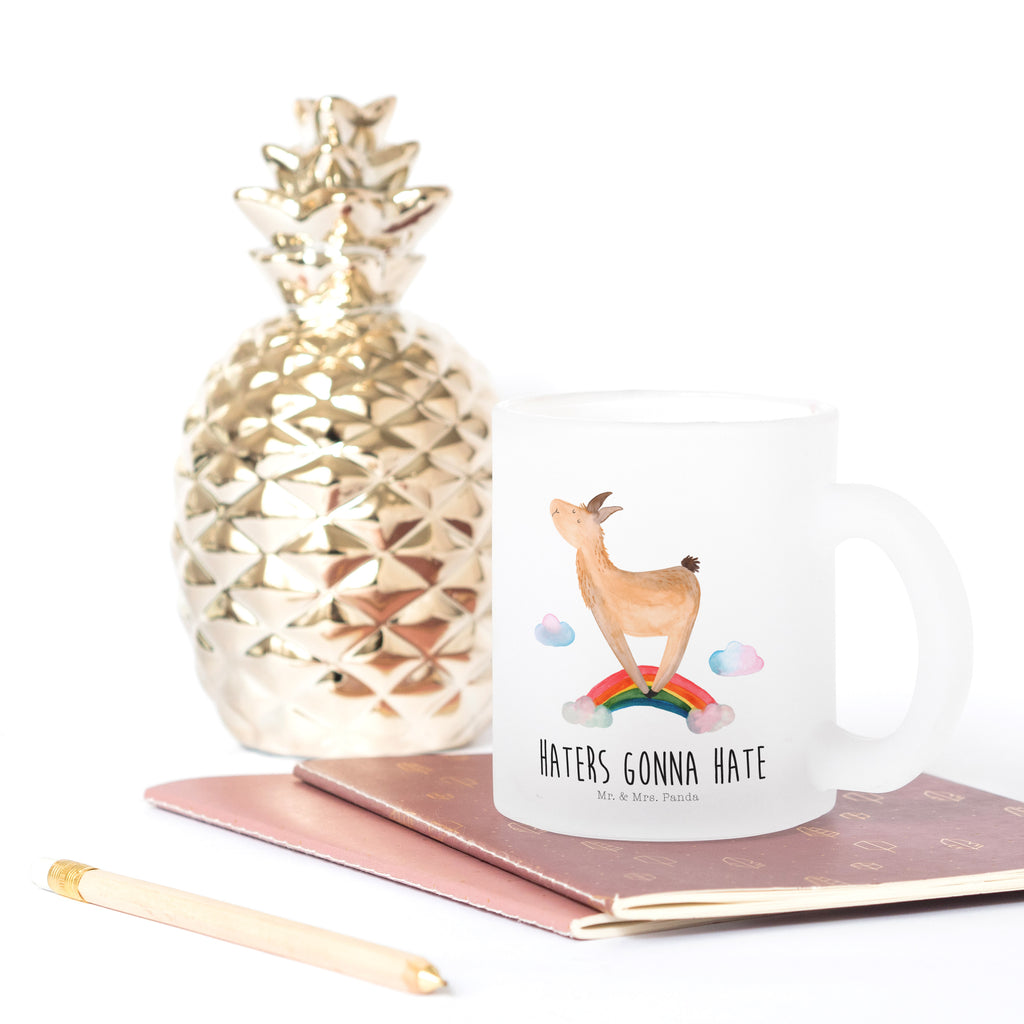 Teetasse Lama Regenbogen Teetasse, Teeglas, Teebecher, Tasse mit Henkel, Tasse, Glas Teetasse, Teetasse aus Glas, Lama, Alpaka, Lamas, Regenbogen, Haters gonna hate, Haters, Selbstständig, Außenseiter, Schule, Abi, Hobby, Wolkenland, Freiheit