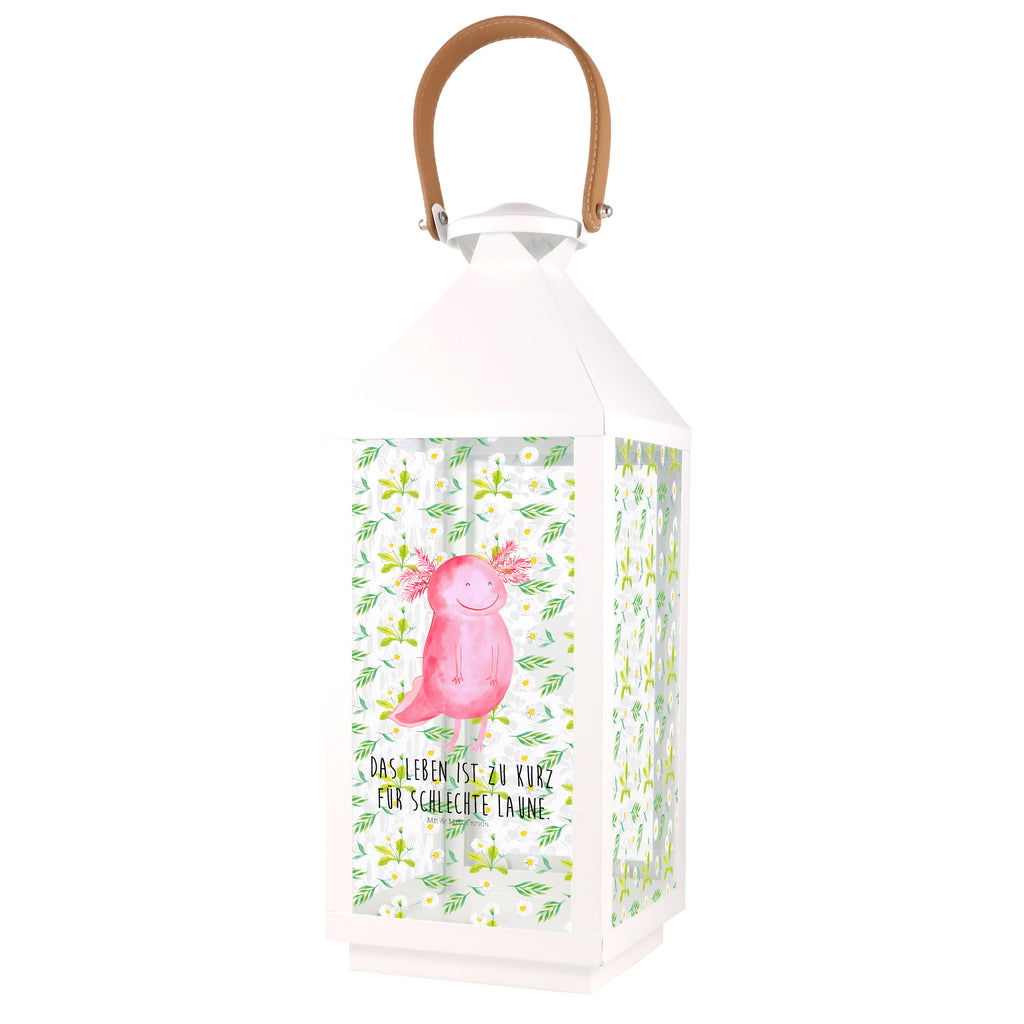 Deko Laterne Axolotl glücklich Axolotl, Axolot, Schwanzlurch, Lurch, Lurche, Motivation, gute Laune Gartenlampe, Gartenleuchte, Gartendekoration, Gartenlicht, Laterne  kleine Laternen, XXL Laternen, Laterne groß,   Axolotl, Molch