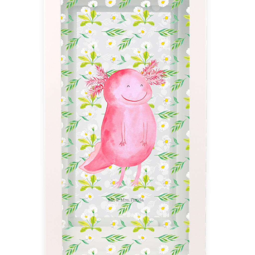 Deko Laterne Axolotl glücklich Axolotl, Axolot, Schwanzlurch, Lurch, Lurche, Motivation, gute Laune Gartenlampe, Gartenleuchte, Gartendekoration, Gartenlicht, Laterne  kleine Laternen, XXL Laternen, Laterne groß,   Axolotl, Molch