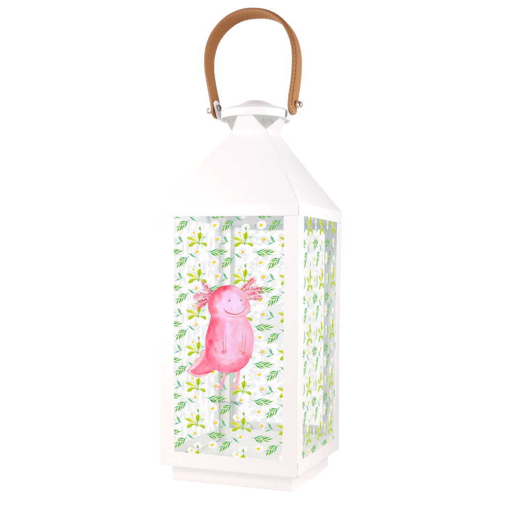 Deko Laterne Axolotl glücklich Axolotl, Axolot, Schwanzlurch, Lurch, Lurche, Motivation, gute Laune Gartenlampe, Gartenleuchte, Gartendekoration, Gartenlicht, Laterne  kleine Laternen, XXL Laternen, Laterne groß,   Axolotl, Molch