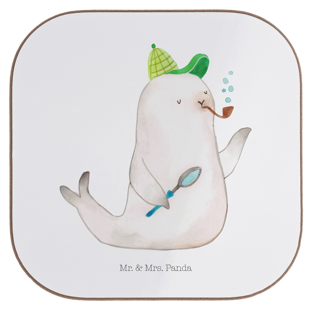 Quadratische Untersetzer Robbe Sherlock Bierdeckel, Glasuntersetzer, Untersetzer Gläser, Getränkeuntersetzer, Tiermotive, Gute Laune, lustige Sprüche, Tiere