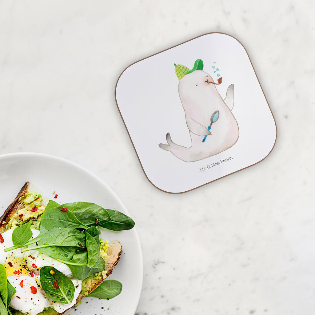 Quadratische Untersetzer Robbe Sherlock Bierdeckel, Glasuntersetzer, Untersetzer Gläser, Getränkeuntersetzer, Tiermotive, Gute Laune, lustige Sprüche, Tiere