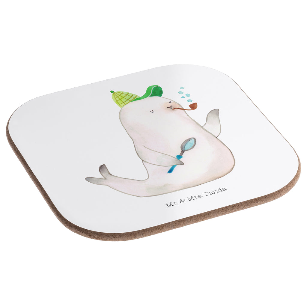 Quadratische Untersetzer Robbe Sherlock Bierdeckel, Glasuntersetzer, Untersetzer Gläser, Getränkeuntersetzer, Tiermotive, Gute Laune, lustige Sprüche, Tiere