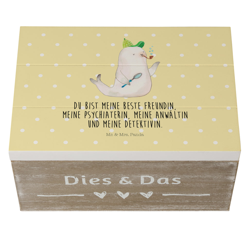 Holzkiste Robbe Sherlock Holzkiste, Kiste, Schatzkiste, Truhe, Schatulle, XXL, Erinnerungsbox, Erinnerungskiste, Dekokiste, Aufbewahrungsbox, Tiermotive, Gute Laune, lustige Sprüche, Tiere