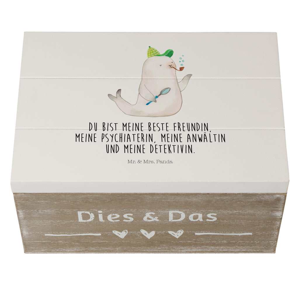 Holzkiste Robbe Sherlock Holzkiste, Kiste, Schatzkiste, Truhe, Schatulle, XXL, Erinnerungsbox, Erinnerungskiste, Dekokiste, Aufbewahrungsbox, Tiermotive, Gute Laune, lustige Sprüche, Tiere