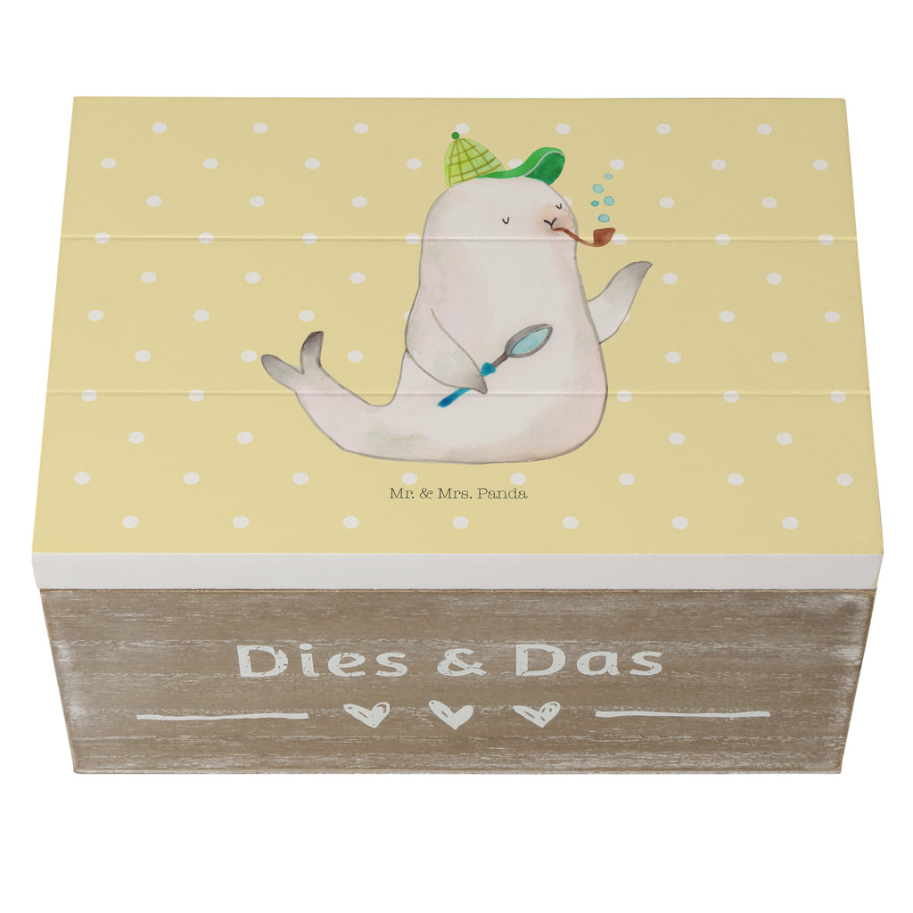 Holzkiste Robbe Sherlock Holzkiste, Kiste, Schatzkiste, Truhe, Schatulle, XXL, Erinnerungsbox, Erinnerungskiste, Dekokiste, Aufbewahrungsbox, Tiermotive, Gute Laune, lustige Sprüche, Tiere