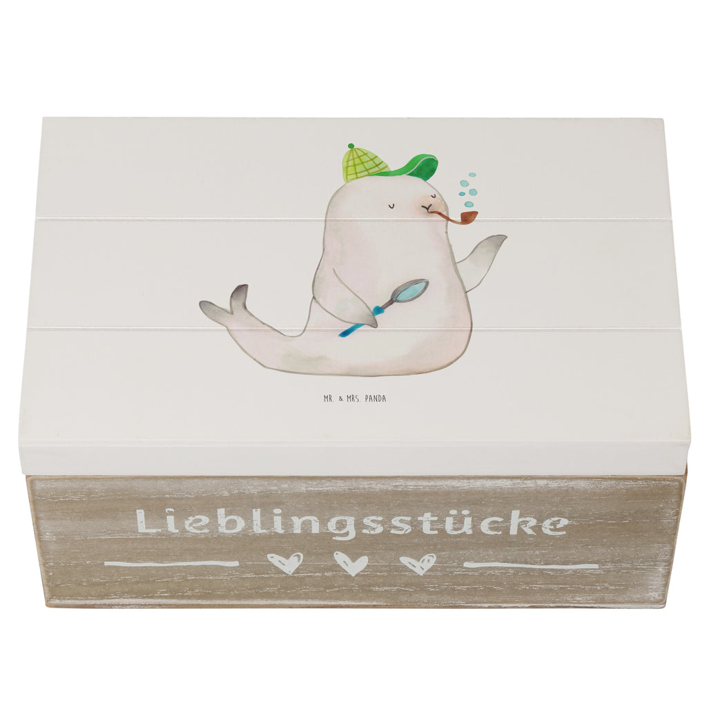 Holzkiste Robbe Sherlock Holzkiste, Kiste, Schatzkiste, Truhe, Schatulle, XXL, Erinnerungsbox, Erinnerungskiste, Dekokiste, Aufbewahrungsbox, Tiermotive, Gute Laune, lustige Sprüche, Tiere