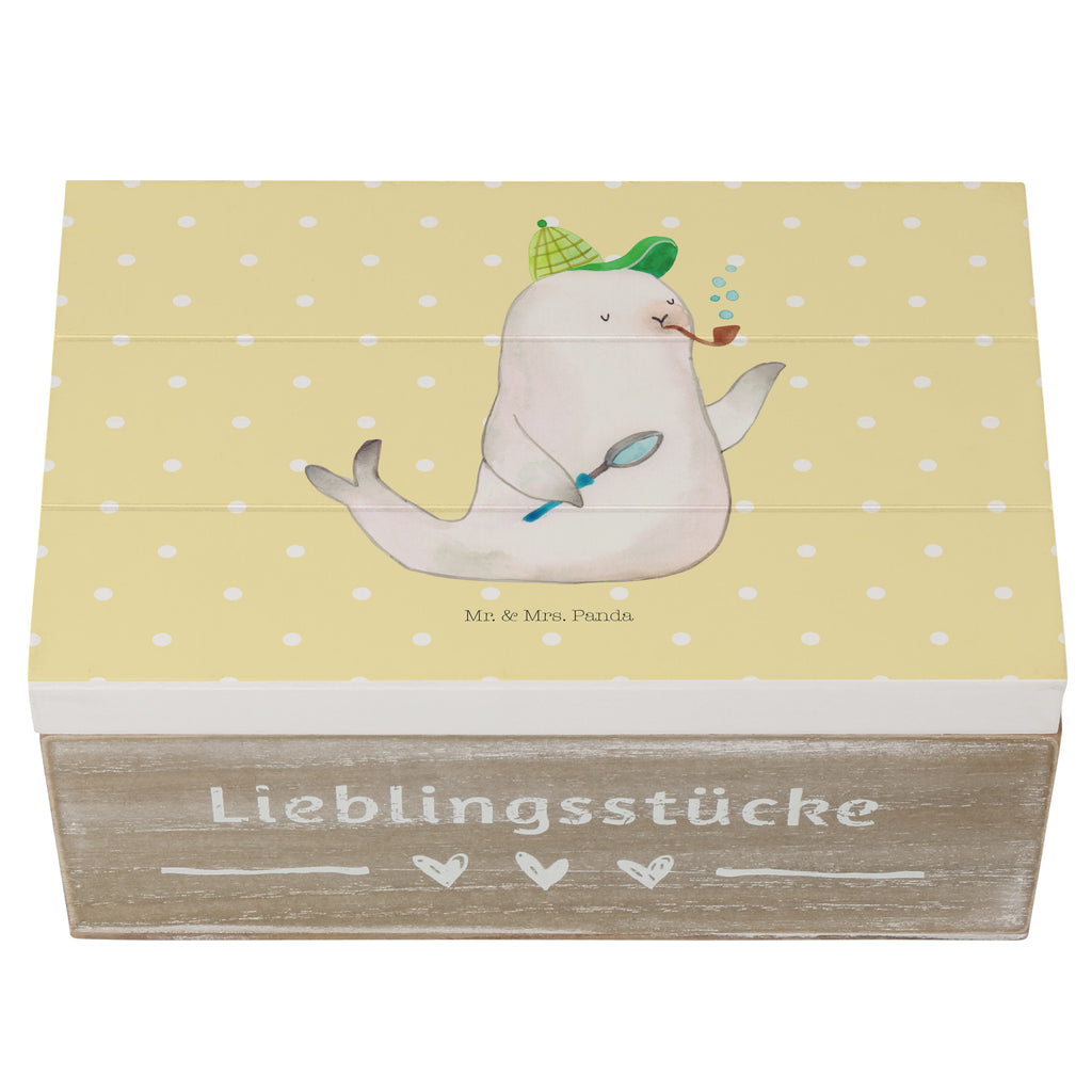 Holzkiste Robbe Sherlock Holzkiste, Kiste, Schatzkiste, Truhe, Schatulle, XXL, Erinnerungsbox, Erinnerungskiste, Dekokiste, Aufbewahrungsbox, Tiermotive, Gute Laune, lustige Sprüche, Tiere