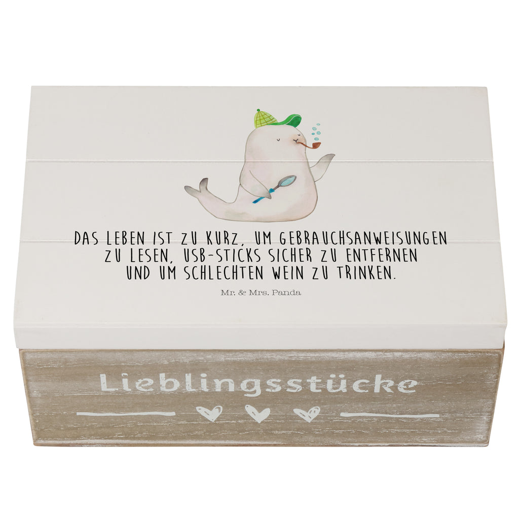 Holzkiste Robbe Sherlock Holzkiste, Kiste, Schatzkiste, Truhe, Schatulle, XXL, Erinnerungsbox, Erinnerungskiste, Dekokiste, Aufbewahrungsbox, Tiermotive, Gute Laune, lustige Sprüche, Tiere