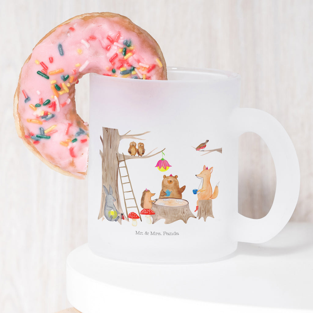 Teetasse Waldtiere Picknick Teetasse, Teeglas, Teebecher, Tasse mit Henkel, Tasse, Glas Teetasse, Teetasse aus Glas, Tiermotive, Gute Laune, lustige Sprüche, Tiere, Waldtiere, Picknick, Wald, Fuchs, Hase, Igel, Maus, Eichhörnchen