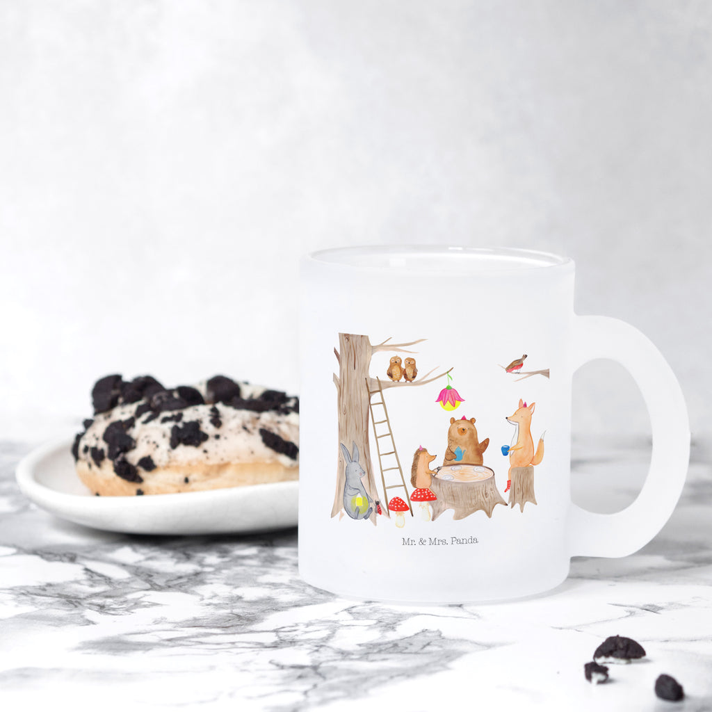 Teetasse Waldtiere Picknick Teetasse, Teeglas, Teebecher, Tasse mit Henkel, Tasse, Glas Teetasse, Teetasse aus Glas, Tiermotive, Gute Laune, lustige Sprüche, Tiere, Waldtiere, Picknick, Wald, Fuchs, Hase, Igel, Maus, Eichhörnchen