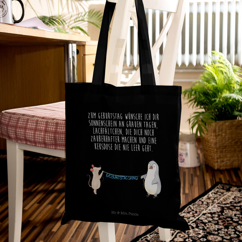 Tragetasche Maus Pinguin Geburtstag Beuteltasche, Beutel, Einkaufstasche, Jutebeutel, Stoffbeutel, Geburtstag, Geburtstagsgeschenk, Geschenk, Maus, Pinguin, Geburtstage, Happy Birthday, Geburtstagsfeier