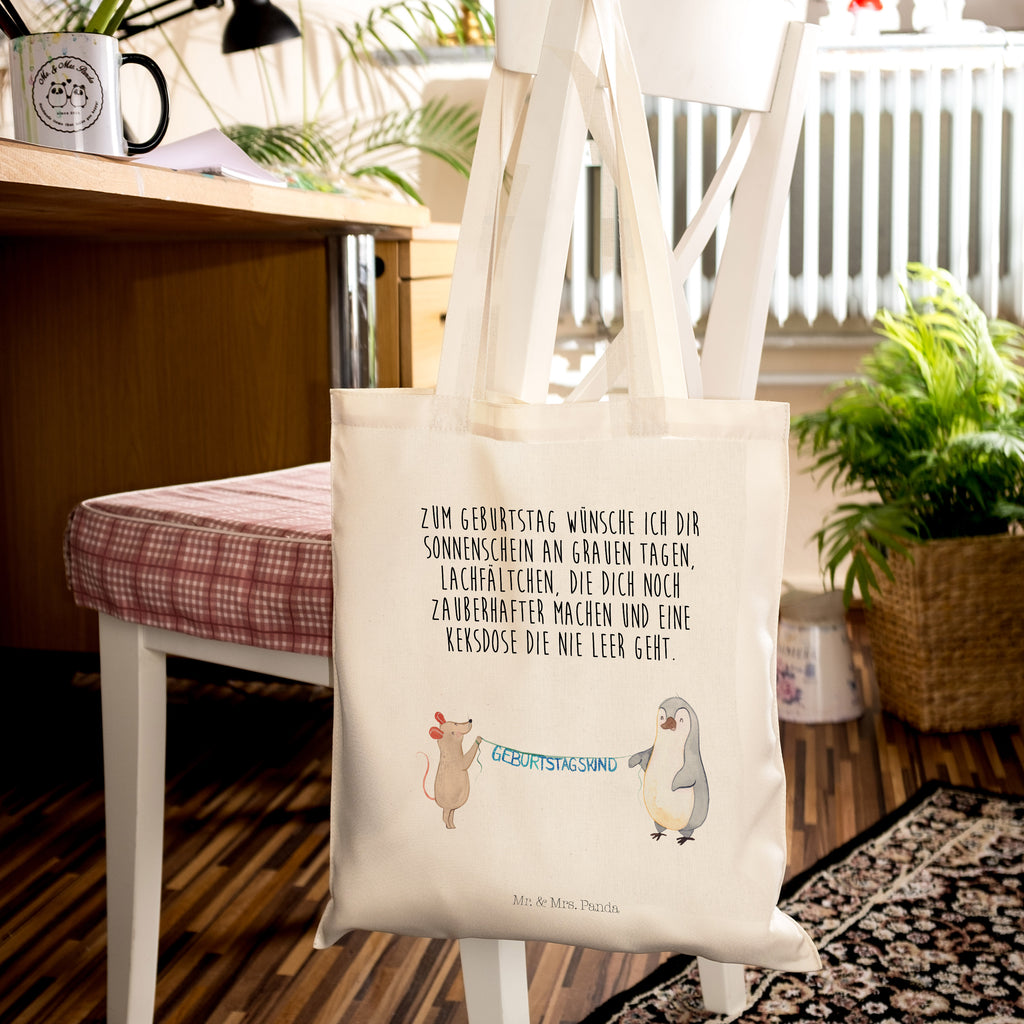 Tragetasche Maus Pinguin Geburtstag Beuteltasche, Beutel, Einkaufstasche, Jutebeutel, Stoffbeutel, Geburtstag, Geburtstagsgeschenk, Geschenk, Maus, Pinguin, Geburtstage, Happy Birthday, Geburtstagsfeier