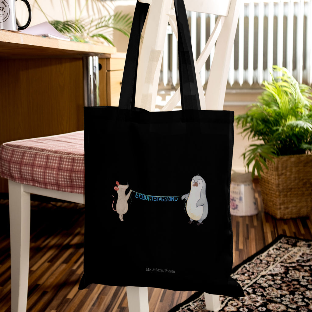 Tragetasche Maus Pinguin Geburtstag Beuteltasche, Beutel, Einkaufstasche, Jutebeutel, Stoffbeutel, Geburtstag, Geburtstagsgeschenk, Geschenk, Maus, Pinguin, Geburtstage, Happy Birthday, Geburtstagsfeier