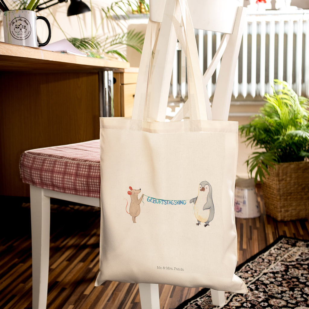 Tragetasche Maus Pinguin Geburtstag Beuteltasche, Beutel, Einkaufstasche, Jutebeutel, Stoffbeutel, Geburtstag, Geburtstagsgeschenk, Geschenk, Maus, Pinguin, Geburtstage, Happy Birthday, Geburtstagsfeier