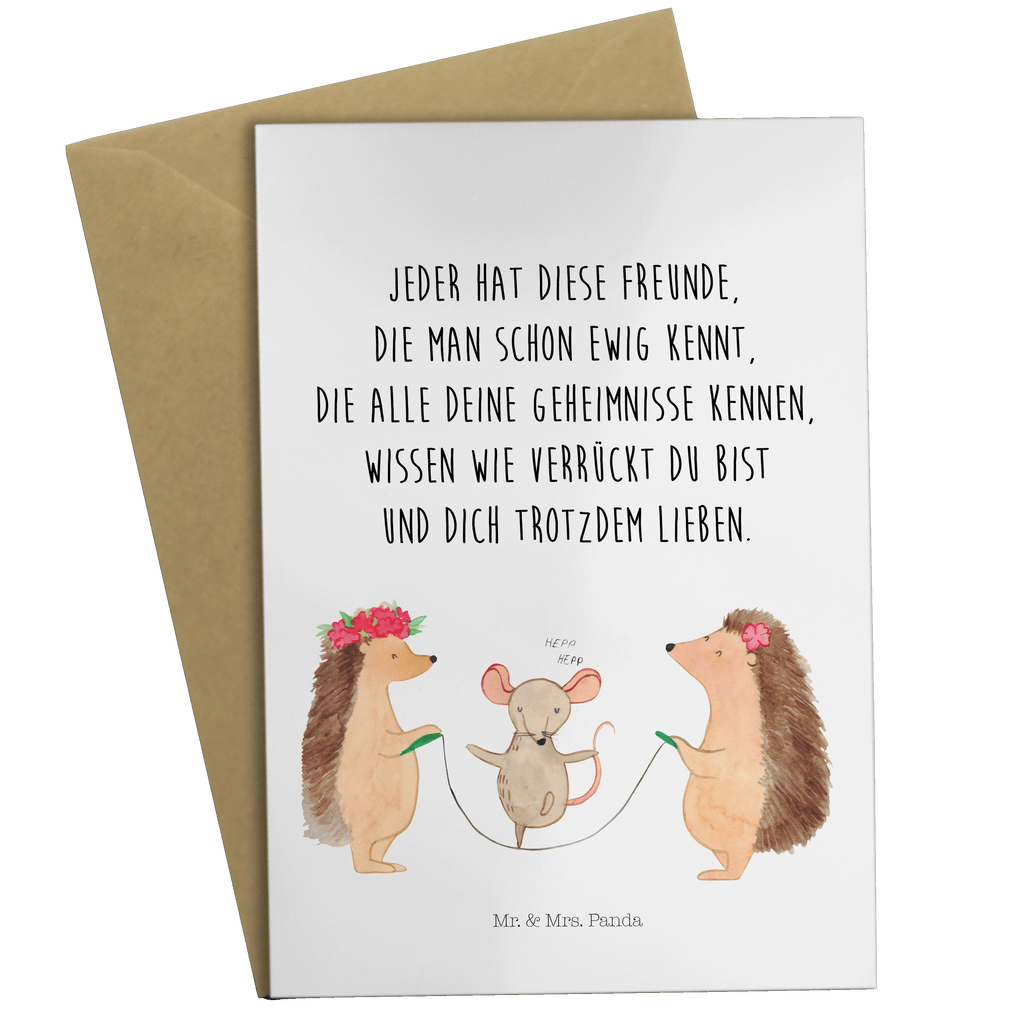 Grußkarte Igel Seilhüpfen Klappkarte, Einladungskarte, Glückwunschkarte, Hochzeitskarte, Geburtstagskarte, Karte, Tiermotive, Gute Laune, lustige Sprüche, Tiere, Igel, Maus, Seilspringen, Seilhüpfen, Kinder, Kindergarten