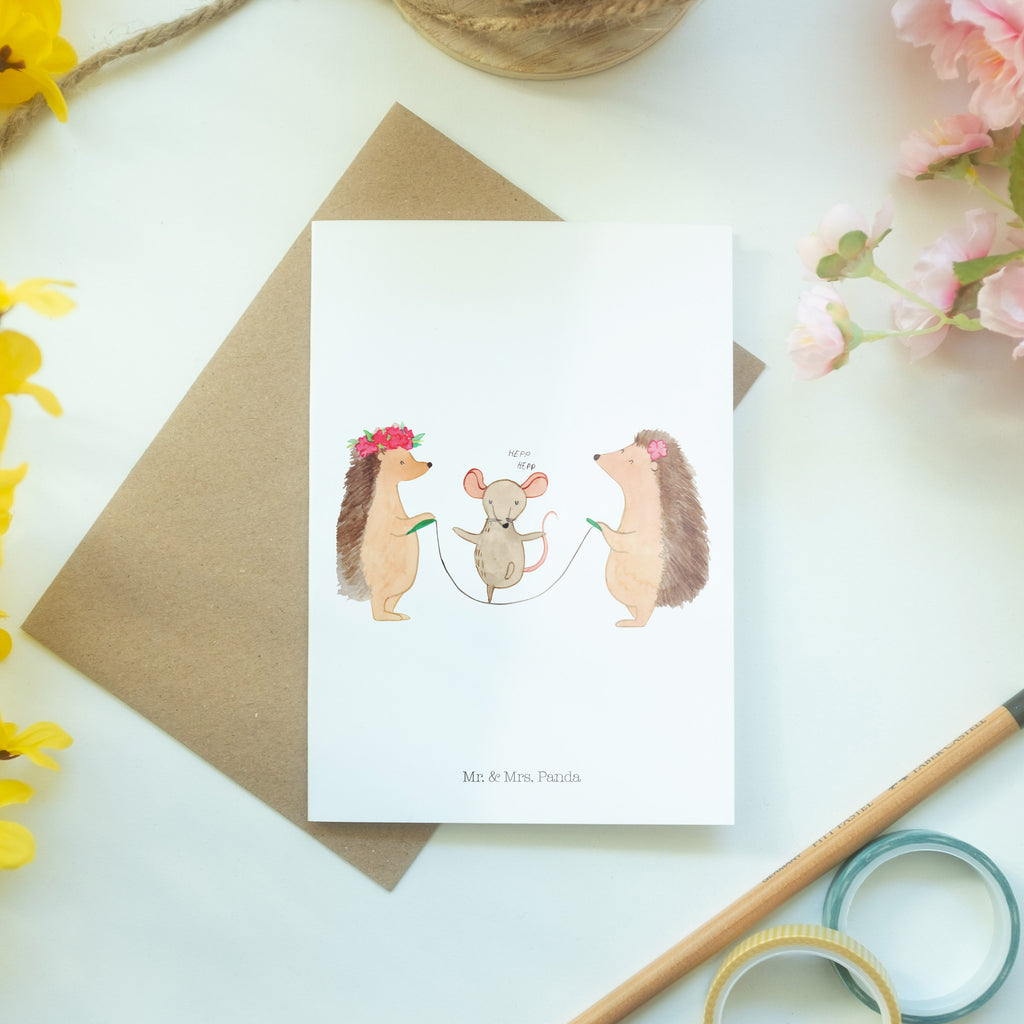 Grußkarte Igel Seilhüpfen Klappkarte, Einladungskarte, Glückwunschkarte, Hochzeitskarte, Geburtstagskarte, Karte, Tiermotive, Gute Laune, lustige Sprüche, Tiere, Igel, Maus, Seilspringen, Seilhüpfen, Kinder, Kindergarten