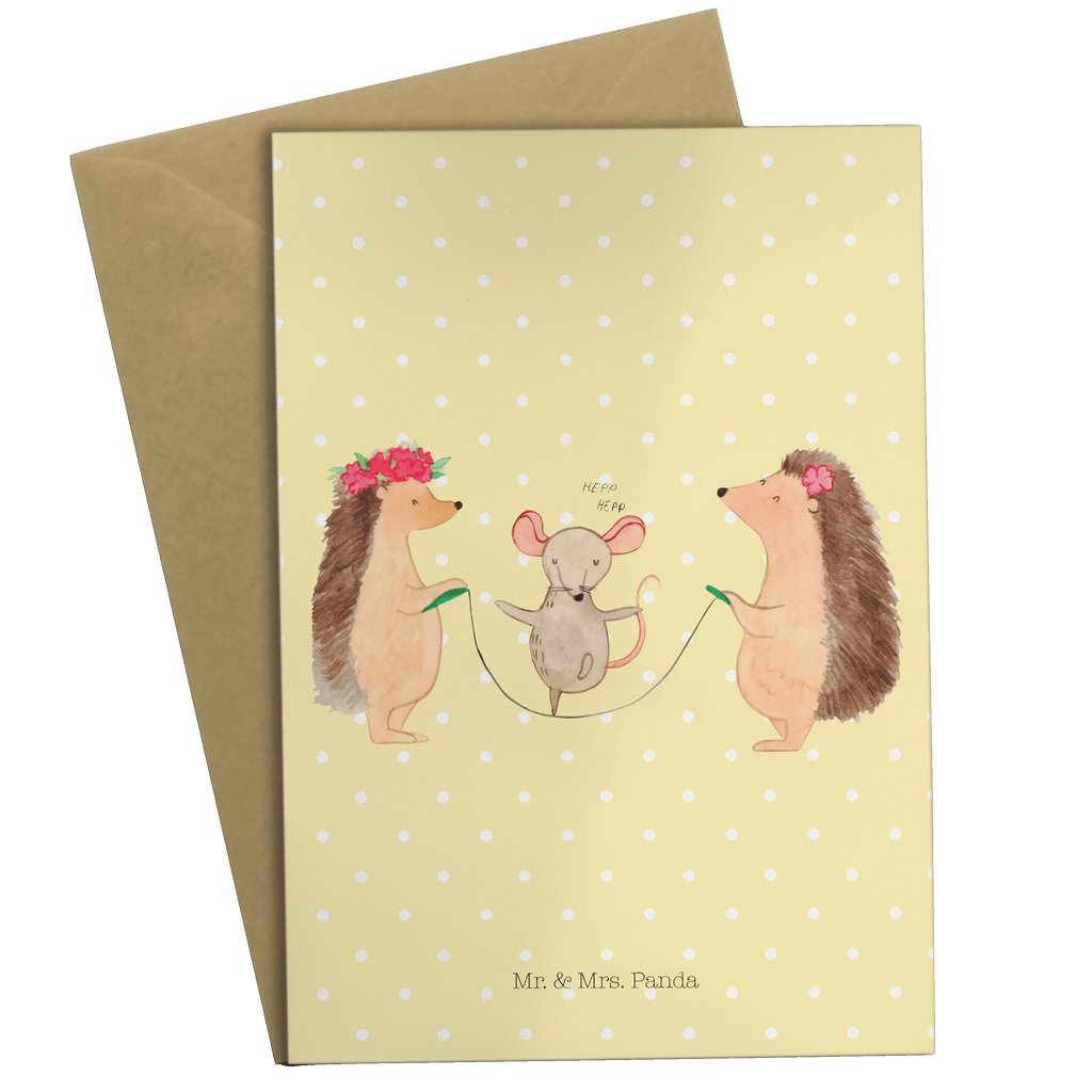 Grußkarte Igel Seilhüpfen Klappkarte, Einladungskarte, Glückwunschkarte, Hochzeitskarte, Geburtstagskarte, Karte, Tiermotive, Gute Laune, lustige Sprüche, Tiere, Igel, Maus, Seilspringen, Seilhüpfen, Kinder, Kindergarten