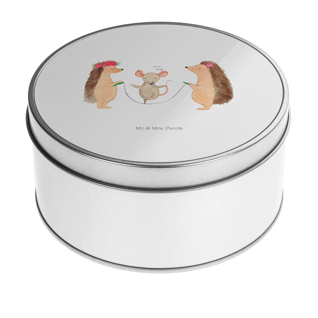 Blechdose rund Igel Seilhüpfen Metalldose, Keksdose, Dose, Vorratsdose, Geschenkbox, Tiermotive, Gute Laune, lustige Sprüche, Tiere, Igel, Maus, Seilspringen, Seilhüpfen, Kinder, Kindergarten