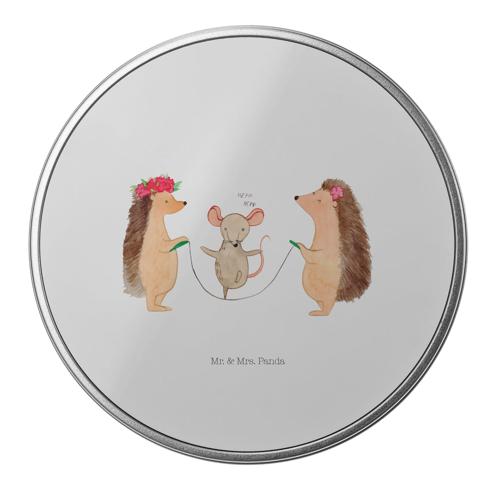 Blechdose rund Igel Seilhüpfen Metalldose, Keksdose, Dose, Vorratsdose, Geschenkbox, Tiermotive, Gute Laune, lustige Sprüche, Tiere, Igel, Maus, Seilspringen, Seilhüpfen, Kinder, Kindergarten