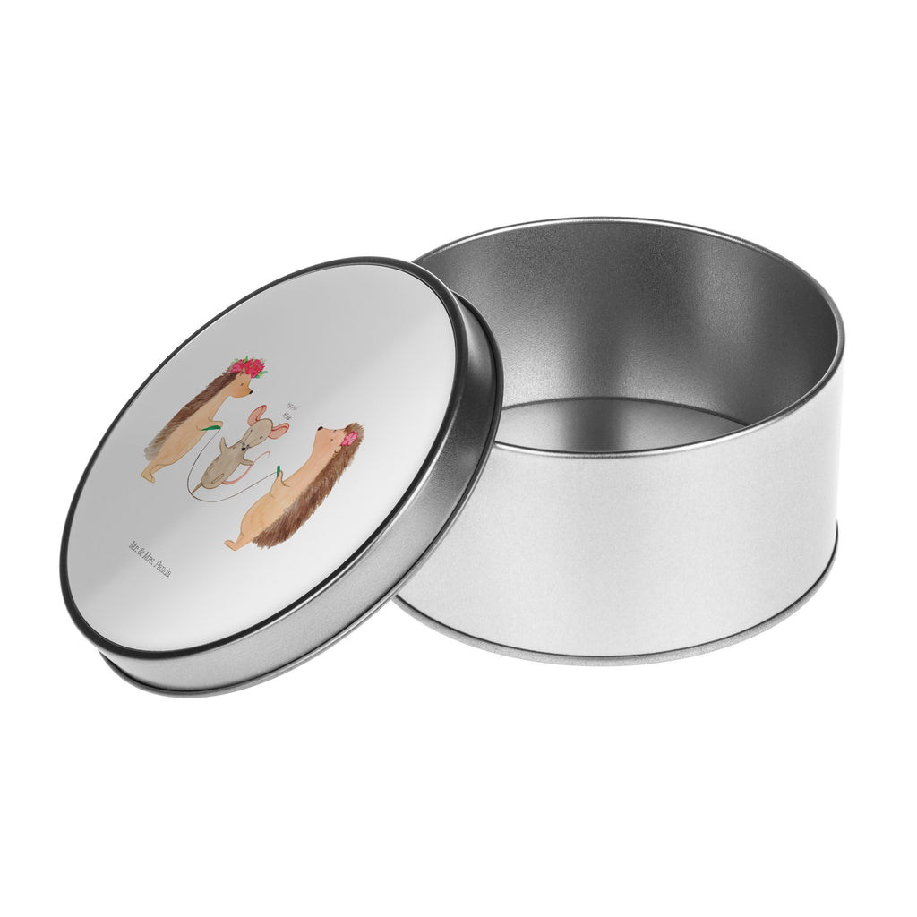 Blechdose rund Igel Seilhüpfen Metalldose, Keksdose, Dose, Vorratsdose, Geschenkbox, Tiermotive, Gute Laune, lustige Sprüche, Tiere, Igel, Maus, Seilspringen, Seilhüpfen, Kinder, Kindergarten