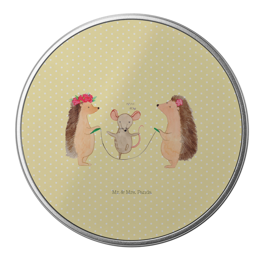 Blechdose rund Igel Seilhüpfen Metalldose, Keksdose, Dose, Vorratsdose, Geschenkbox, Tiermotive, Gute Laune, lustige Sprüche, Tiere, Igel, Maus, Seilspringen, Seilhüpfen, Kinder, Kindergarten