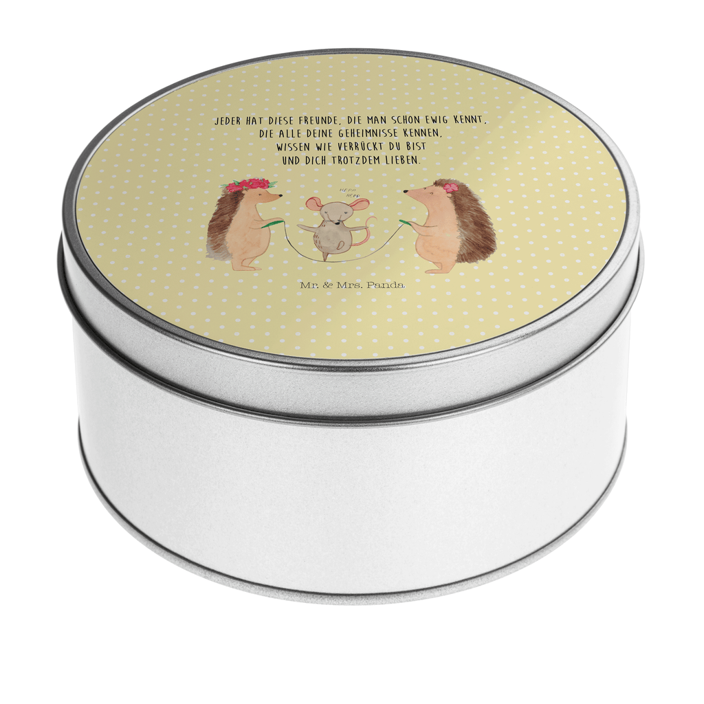 Blechdose rund Igel Seilhüpfen Metalldose, Keksdose, Dose, Vorratsdose, Geschenkbox, Tiermotive, Gute Laune, lustige Sprüche, Tiere, Igel, Maus, Seilspringen, Seilhüpfen, Kinder, Kindergarten