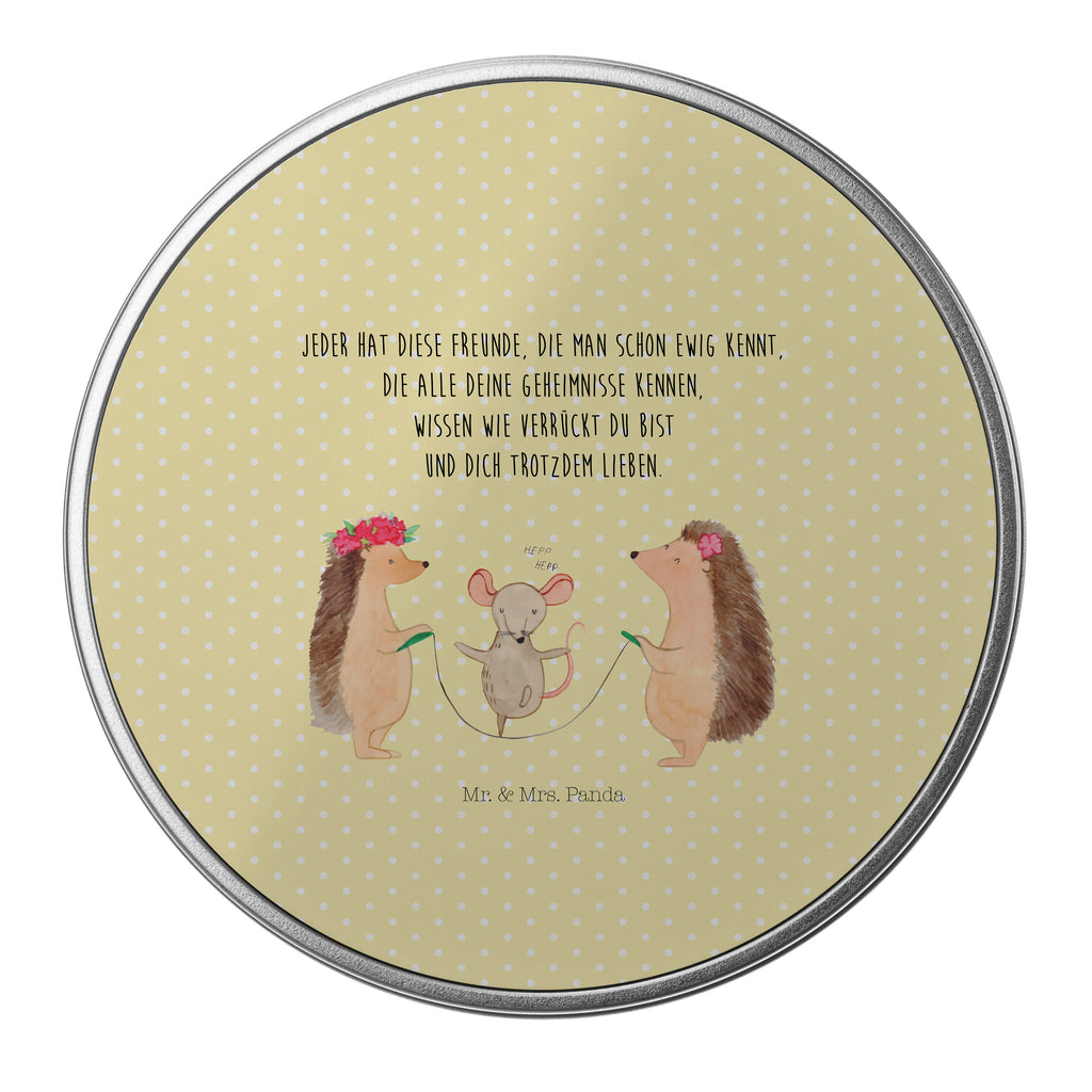 Blechdose rund Igel Seilhüpfen Metalldose, Keksdose, Dose, Vorratsdose, Geschenkbox, Tiermotive, Gute Laune, lustige Sprüche, Tiere, Igel, Maus, Seilspringen, Seilhüpfen, Kinder, Kindergarten