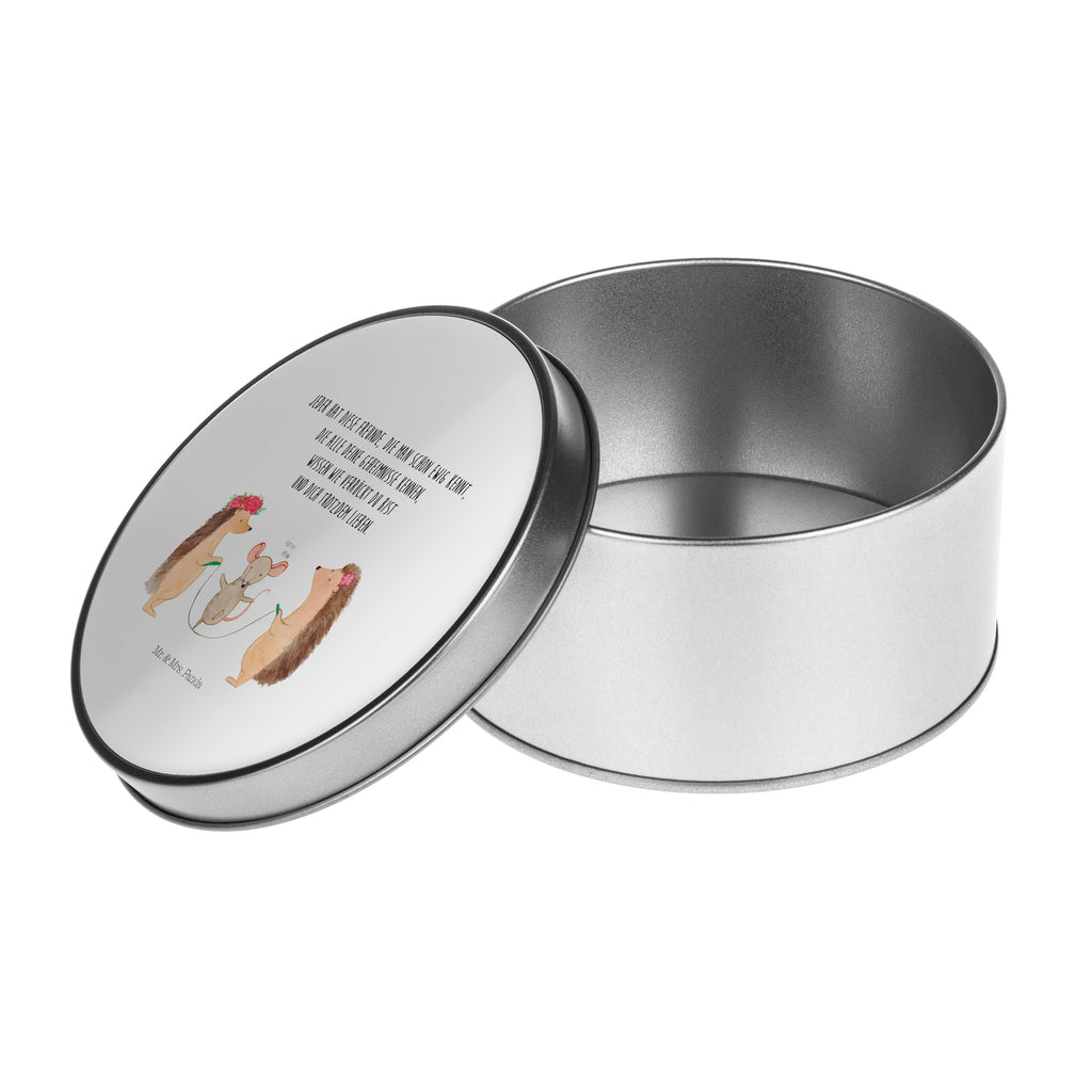 Blechdose rund Igel Seilhüpfen Metalldose, Keksdose, Dose, Vorratsdose, Geschenkbox, Tiermotive, Gute Laune, lustige Sprüche, Tiere, Igel, Maus, Seilspringen, Seilhüpfen, Kinder, Kindergarten