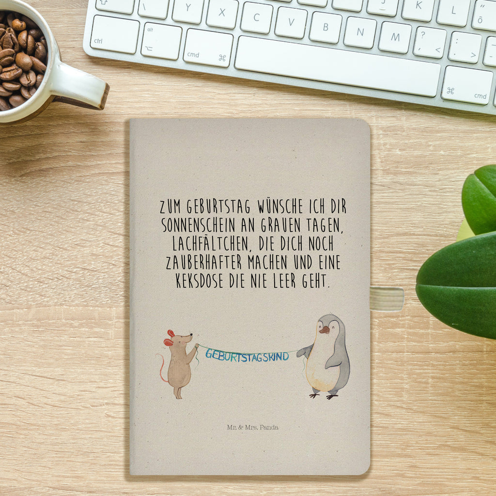 DIN A5 Baumwoll Notizbuch Maus Pinguin Geburtstag Notizen, Eintragebuch, Tagebuch, Notizblock, Adressbuch, Journal, Kladde, Skizzenbuch, Notizheft, Schreibbuch, Schreibheft, Geburtstag, Geburtstagsgeschenk, Geschenk, Maus, Pinguin, Geburtstage, Happy Birthday, Geburtstagsfeier