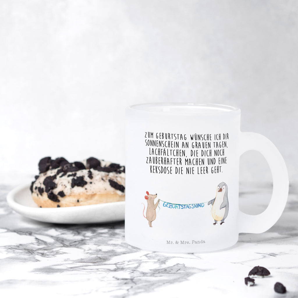Teetasse Maus Pinguin Geburtstag Teetasse, Teeglas, Teebecher, Tasse mit Henkel, Tasse, Glas Teetasse, Teetasse aus Glas, Geburtstag, Geburtstagsgeschenk, Geschenk, Maus, Pinguin, Geburtstage, Happy Birthday, Geburtstagsfeier