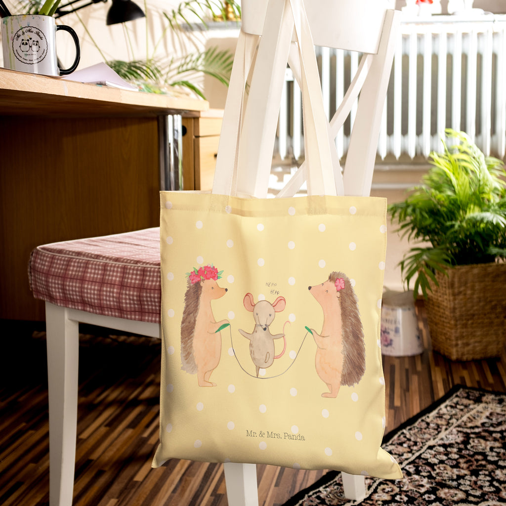 Einkaufstasche Igel Seilhüpfen Tragetasche, Tasche, Beutel, Stofftasche, Baumwolltasche, Umhängetasche, Shopper, Tiermotive, Gute Laune, lustige Sprüche, Tiere, Igel, Maus, Seilspringen, Seilhüpfen, Kinder, Kindergarten