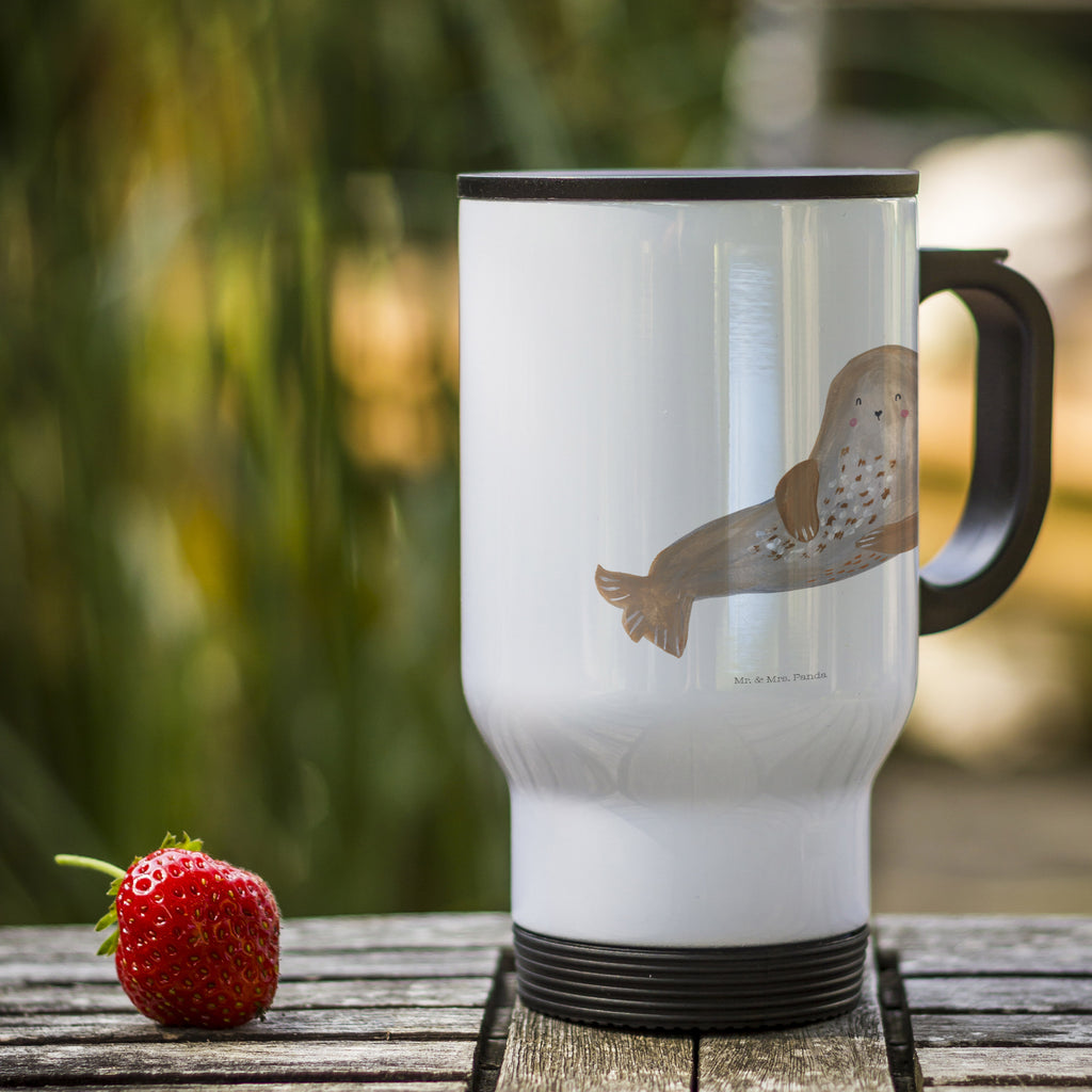 Thermobecher Robbe lachend Thermobecher, To Go Becher, Thermotasse, Kaffeebecher, Isolierbecher, Thermobecher To Go, Warmhaltetasse, Edelstahlbecher, Reisebecher, Tasse mit Deckel, Thermobecher für 400 ml, Kaffeetasse zum Mitnehmen, Tasse zum Mitnehmen, Spülmaschinenfest, Tiermotive, Gute Laune, lustige Sprüche, Tiere, Robbe, Robben, Seehund, Strand, Meerestier, Ostsee, Nordsee