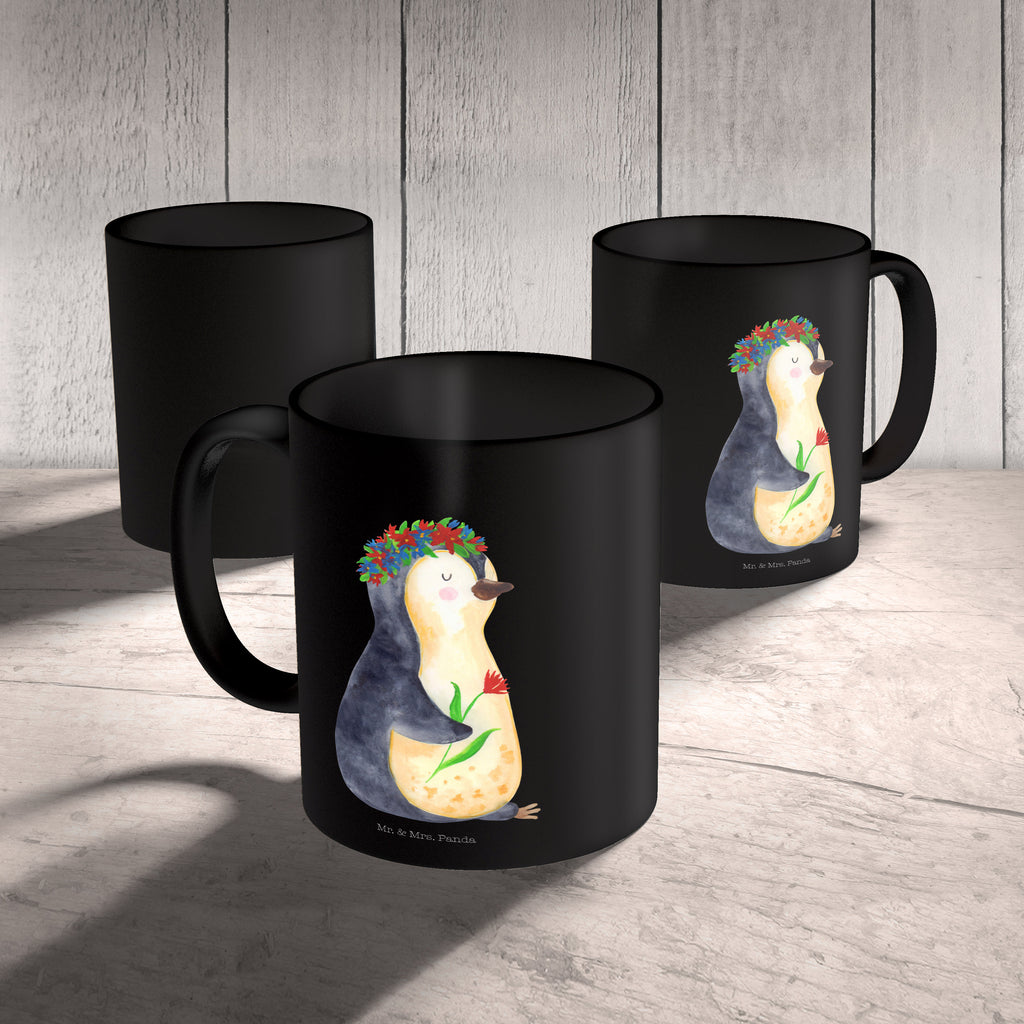 Tasse Pinguin Blumenkranz Pinguin, Pinguine, Blumenkranz, Universum, Leben, Wünsche, Ziele, Lebensziele, Motivation, Lebenslust, Liebeskummer, Geschenkidee	 Becher, Kaffeetasse, Kaffeebecher, Tee, Frühstück, Büro  Pinguin