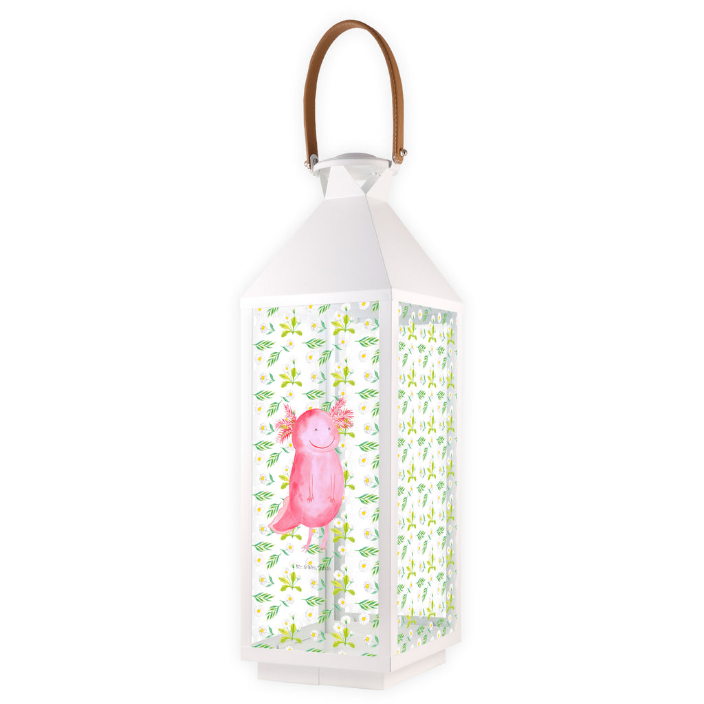 Deko Laterne Axolotl glücklich Axolotl, Axolot, Schwanzlurch, Lurch, Lurche, Motivation, gute Laune Gartenlampe, Gartenleuchte, Gartendekoration, Gartenlicht, Laterne  kleine Laternen, XXL Laternen, Laterne groß,   Axolotl, Molch