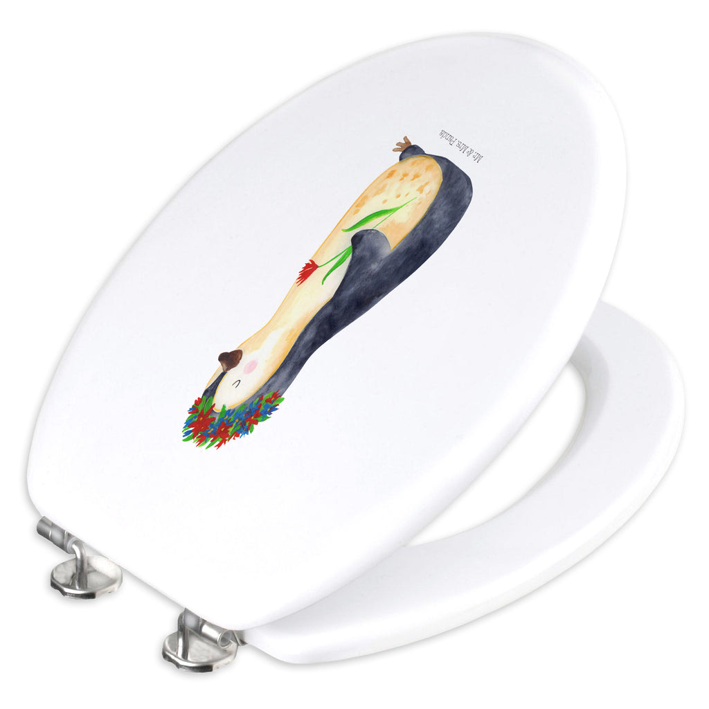 Motiv WC Sitz Pinguin Blumenkranz Klobrille, Klodeckel, Toilettendeckel, WC-Sitz, Toilette, Pinguin, Pinguine, Blumenkranz, Universum, Leben, Wünsche, Ziele, Lebensziele, Motivation, Lebenslust, Liebeskummer, Geschenkidee
