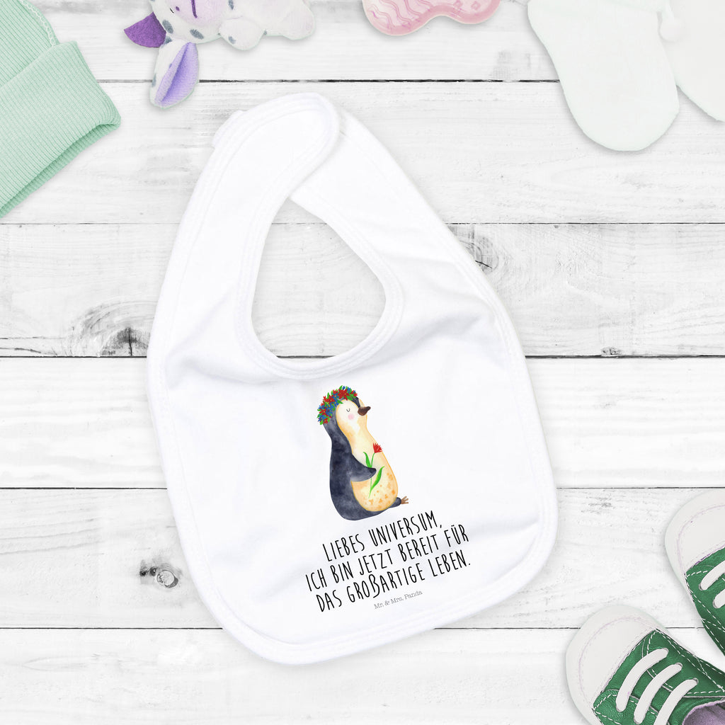 Organic Babylätzchen Pinguin Blumenkranz Baby, Lätzchen, Spucktuch, Sabberlätzchen, Klettlätzchen, Babygeschenk, Baby Lätzchen, Geschenk für Geburt, Geschenk zur Geburt, Baby Spucktuch, Babyausstattung, Geschenkidee für Babyparty, Pinguin, Pinguine, Blumenkranz, Universum, Leben, Wünsche, Ziele, Lebensziele, Motivation, Lebenslust, Liebeskummer, Geschenkidee