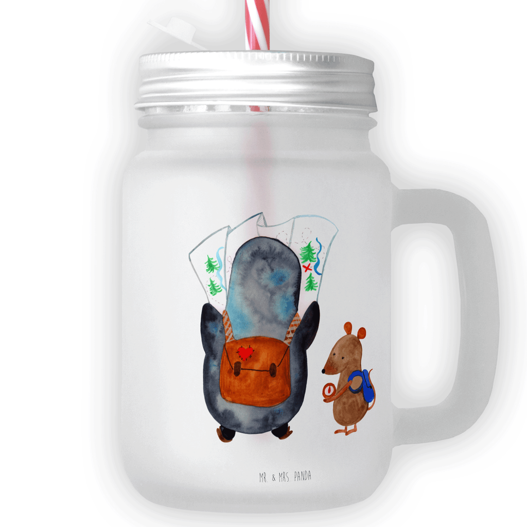 Trinkglas Mason Jar Pinguin & Maus Wanderer Mason Jar, Glas, Trinkglas, Henkelglas, Sommerglas, Einmachglas, Cocktailglas, Cocktail-Glas, Mason Jar Trinkglas, Satiniertes Glas, Retro-Glas, Strohhalm Glas, Schraubdeckel Glas, Sommerparty Einrichtung, Pinguin, Pinguine, Abenteurer, Abenteuer, Roadtrip, Ausflug, Wanderlust, wandern