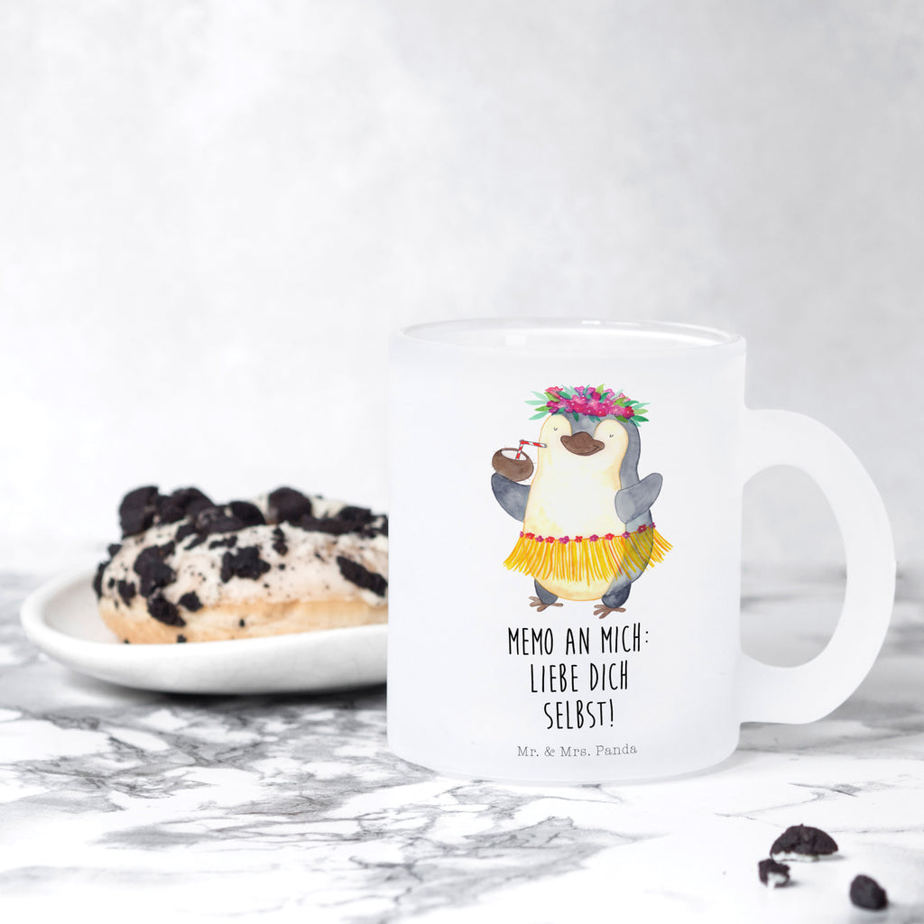 Teetasse Pinguin Kokosnuss Teetasse, Teeglas, Teebecher, Tasse mit Henkel, Tasse, Glas Teetasse, Teetasse aus Glas, Pinguin, Aloha, Hawaii, Urlaub, Kokosnuss, Pinguine